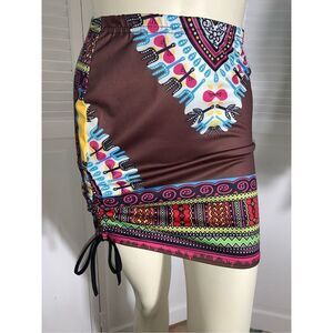 Y2K Colorful Tribal Print Spandex Cinched Mini Skirt Small‎